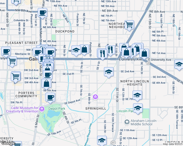 map of restaurants, bars, coffee shops, grocery stores, and more near 826 Southeast 2nd Avenue in Gainesville