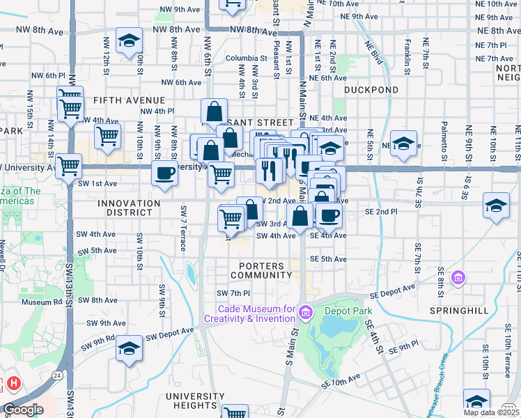 map of restaurants, bars, coffee shops, grocery stores, and more near 230 Southwest 2nd Avenue in Gainesville