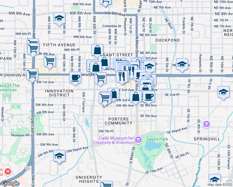 map of restaurants, bars, coffee shops, grocery stores, and more near 230 Southwest 2nd Avenue in Gainesville