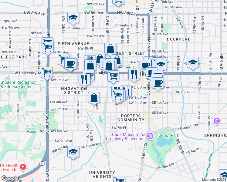 map of restaurants, bars, coffee shops, grocery stores, and more near in Gainesville
