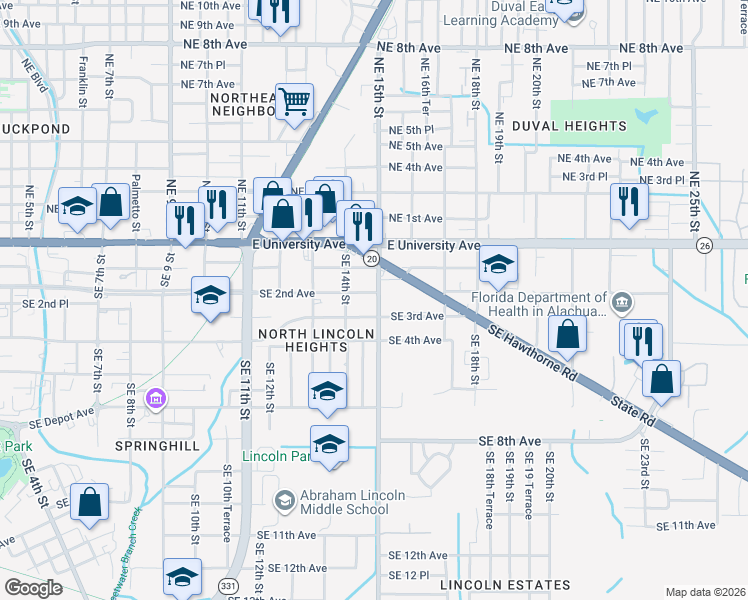 map of restaurants, bars, coffee shops, grocery stores, and more near 1418 Southeast 2nd Avenue in Gainesville