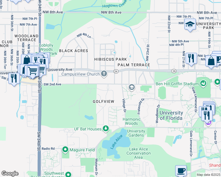 map of restaurants, bars, coffee shops, grocery stores, and more near 1460 Northwest 3rd Place in Gainesville