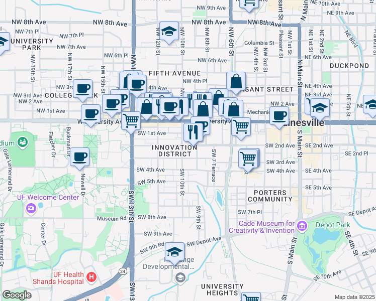 map of restaurants, bars, coffee shops, grocery stores, and more near 978 Southwest 2nd Avenue in Gainesville