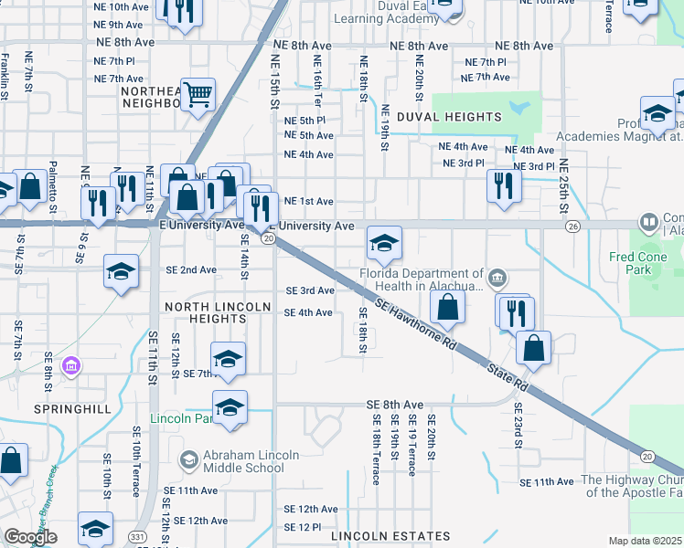 map of restaurants, bars, coffee shops, grocery stores, and more near 1724 Southeast 2nd Avenue in Gainesville