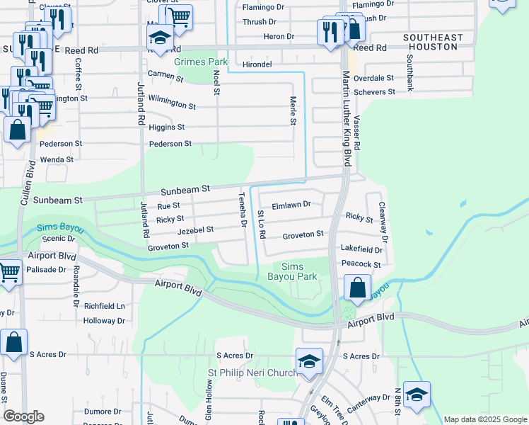 map of restaurants, bars, coffee shops, grocery stores, and more near 5503 Elmlawn Drive in Houston