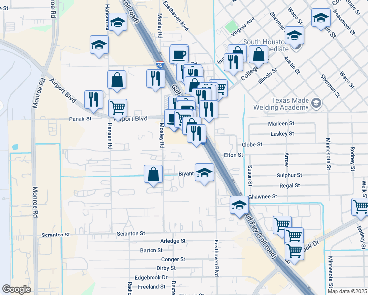map of restaurants, bars, coffee shops, grocery stores, and more near 9820 Gulf Freeway in Houston