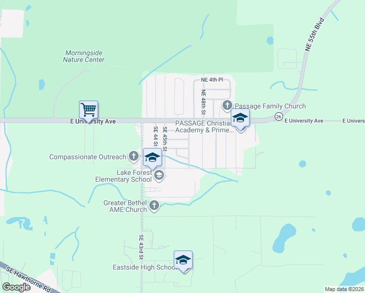 map of restaurants, bars, coffee shops, grocery stores, and more near 4618 Southeast 1st Place in Gainesville