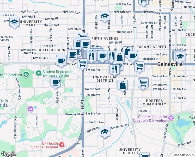 map of restaurants, bars, coffee shops, grocery stores, and more near 1108 Southwest 2nd Avenue in Gainesville