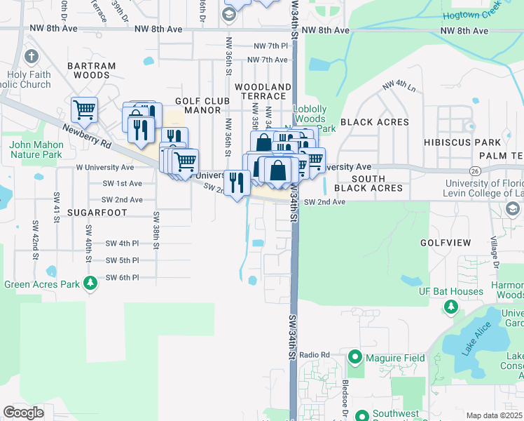 map of restaurants, bars, coffee shops, grocery stores, and more near 3421 Florida 26 in Gainesville