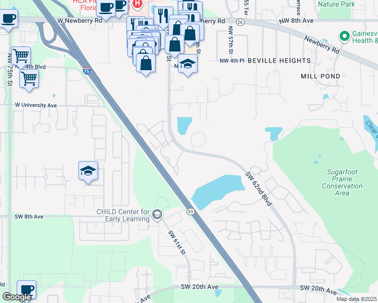 map of restaurants, bars, coffee shops, grocery stores, and more near 227 Southwest 62nd Boulevard in Gainesville