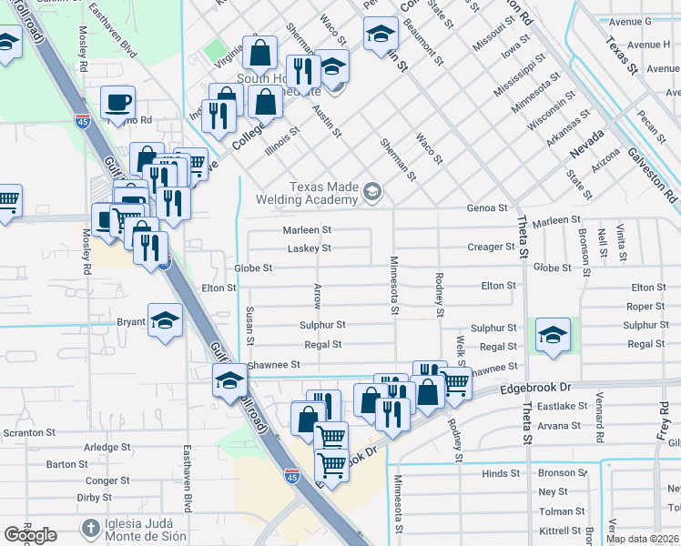 map of restaurants, bars, coffee shops, grocery stores, and more near 1230 Laskey Street in Houston