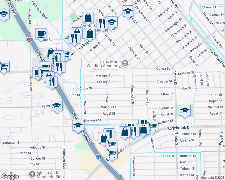 map of restaurants, bars, coffee shops, grocery stores, and more near 1230 Laskey Street in Houston