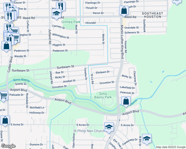 map of restaurants, bars, coffee shops, grocery stores, and more near 5503 Elmlawn Drive in Houston