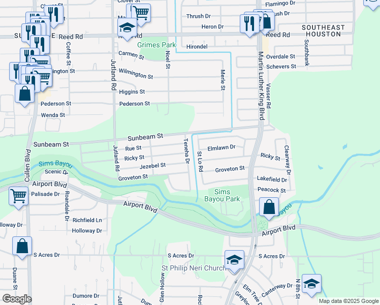 map of restaurants, bars, coffee shops, grocery stores, and more near 10124 Teneha Drive in Houston