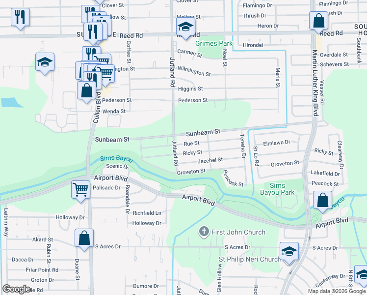 map of restaurants, bars, coffee shops, grocery stores, and more near 5121 Rue Street in Houston