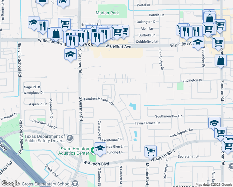 map of restaurants, bars, coffee shops, grocery stores, and more near 11926 Braes Park Drive in Houston