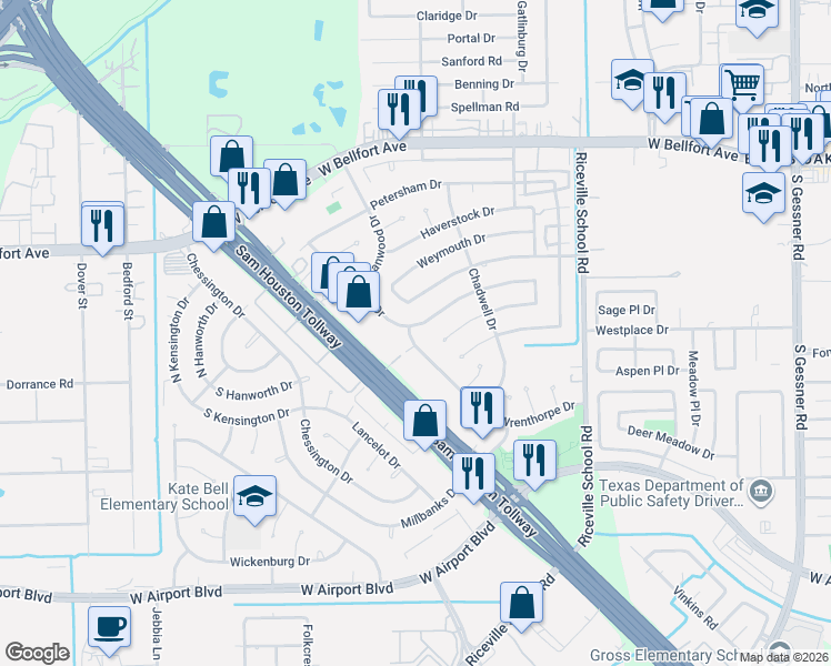 map of restaurants, bars, coffee shops, grocery stores, and more near 9114 Sterlingame Drive in Houston