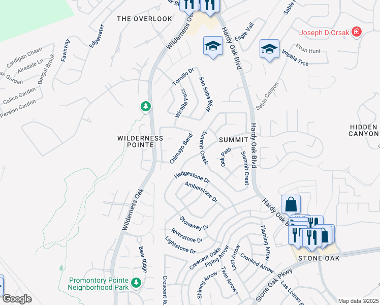 map of restaurants, bars, coffee shops, grocery stores, and more near 22346 Chimayo Bend in San Antonio