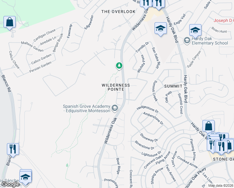map of restaurants, bars, coffee shops, grocery stores, and more near 22503 Madison Park in San Antonio