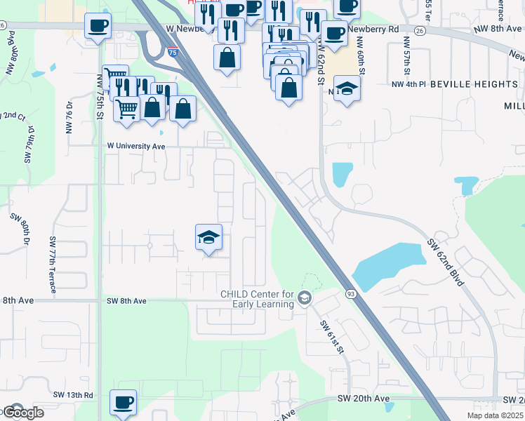 map of restaurants, bars, coffee shops, grocery stores, and more near 224 Bishop Drive in Gainesville