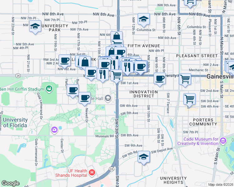 map of restaurants, bars, coffee shops, grocery stores, and more near 237 Southwest 13th Street in Gainesville