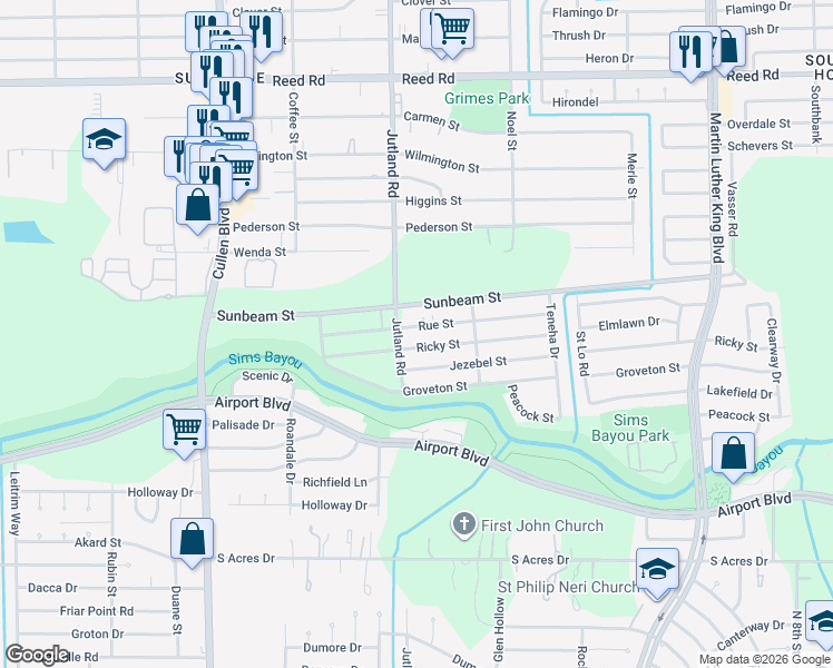 map of restaurants, bars, coffee shops, grocery stores, and more near 5121 Rue Street in Houston