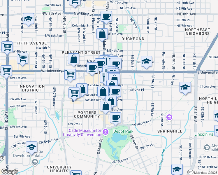map of restaurants, bars, coffee shops, grocery stores, and more near 12 Southeast 2nd Avenue in Gainesville