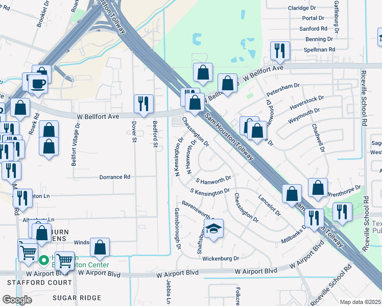 map of restaurants, bars, coffee shops, grocery stores, and more near 11803 North Kensington Drive in Houston