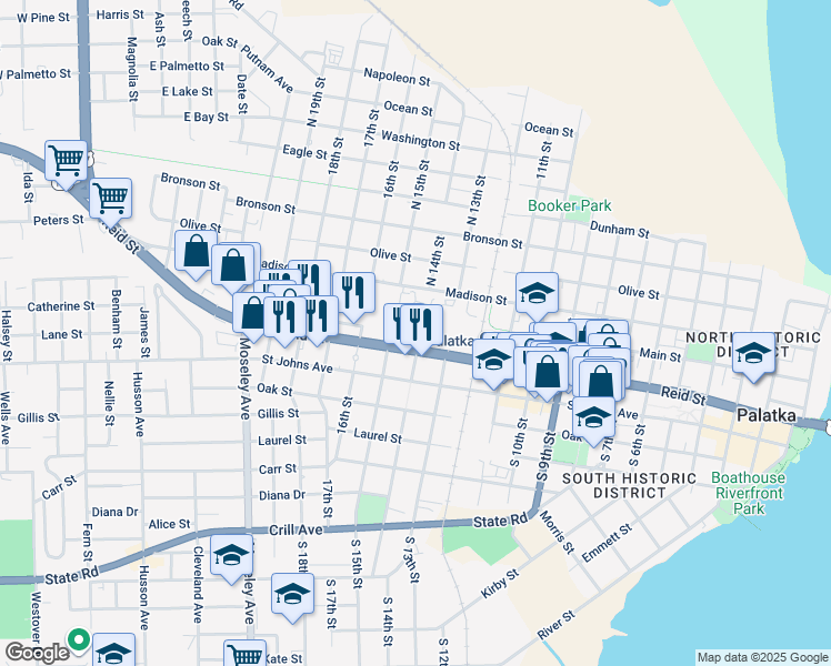 map of restaurants, bars, coffee shops, grocery stores, and more near 1400 Florida 15 in Palatka