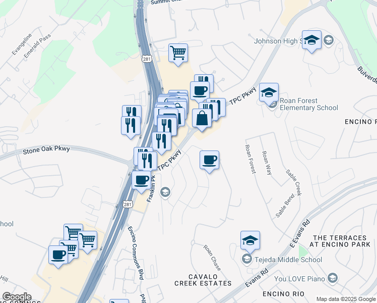 map of restaurants, bars, coffee shops, grocery stores, and more near 22215 Diamond Chase in San Antonio