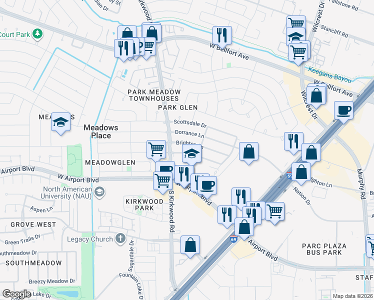map of restaurants, bars, coffee shops, grocery stores, and more near 11506 Brighton Lane in Stafford