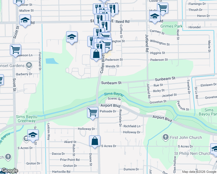 map of restaurants, bars, coffee shops, grocery stores, and more near 4717 Sunbeam Street in Houston