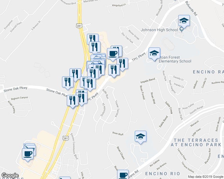 map of restaurants, bars, coffee shops, grocery stores, and more near 2618 Amethyst Drive in San Antonio