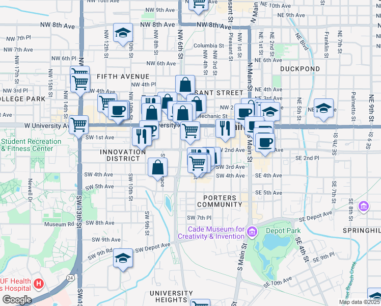 map of restaurants, bars, coffee shops, grocery stores, and more near in Gainesville