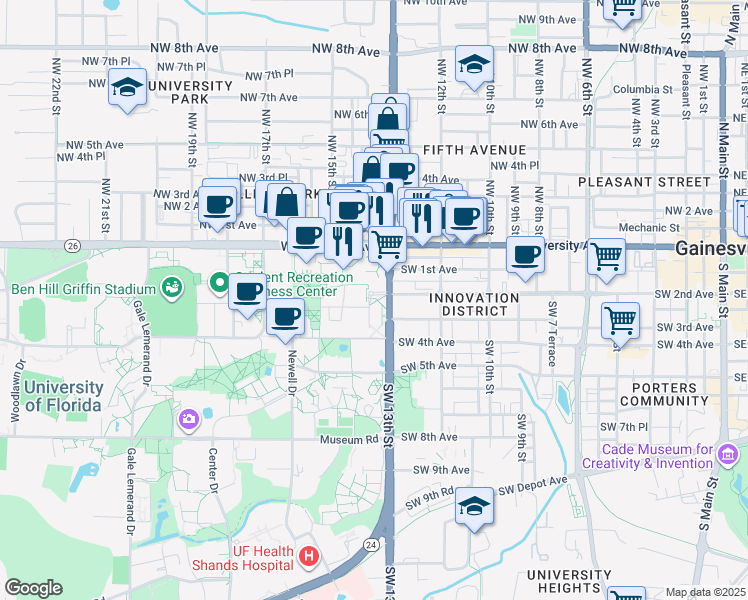 map of restaurants, bars, coffee shops, grocery stores, and more near in Gainesville