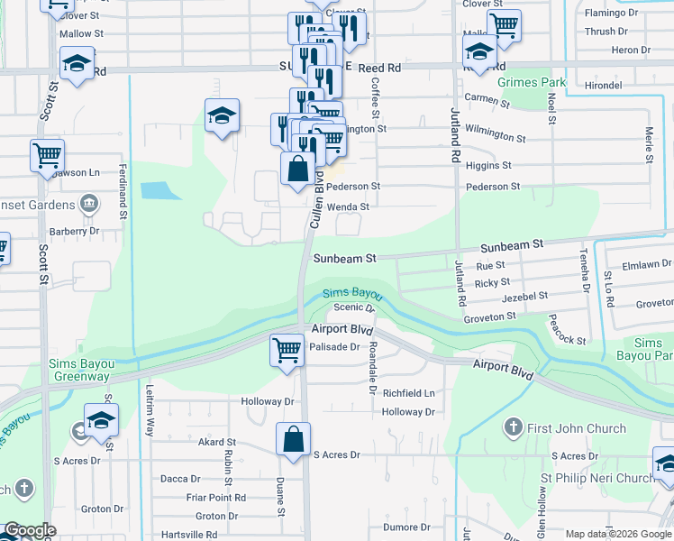 map of restaurants, bars, coffee shops, grocery stores, and more near 4717 Sunbeam Street in Houston