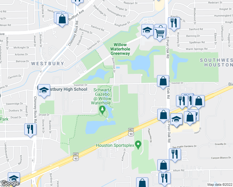 map of restaurants, bars, coffee shops, grocery stores, and more near 5251 Gasmer Drive in Houston
