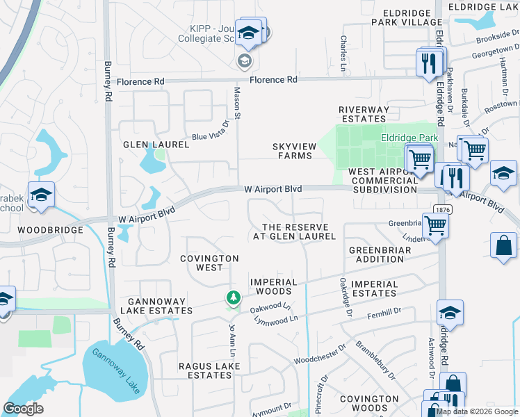 map of restaurants, bars, coffee shops, grocery stores, and more near 13906 Charterhouse Way in Sugar Land