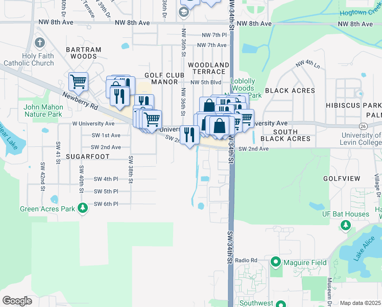map of restaurants, bars, coffee shops, grocery stores, and more near 3 Southwest 2nd Avenue in Gainesville