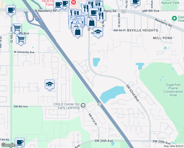 map of restaurants, bars, coffee shops, grocery stores, and more near 304 Southwest 62nd Boulevard in Gainesville