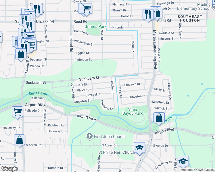map of restaurants, bars, coffee shops, grocery stores, and more near 10124 Teneha Drive in Houston
