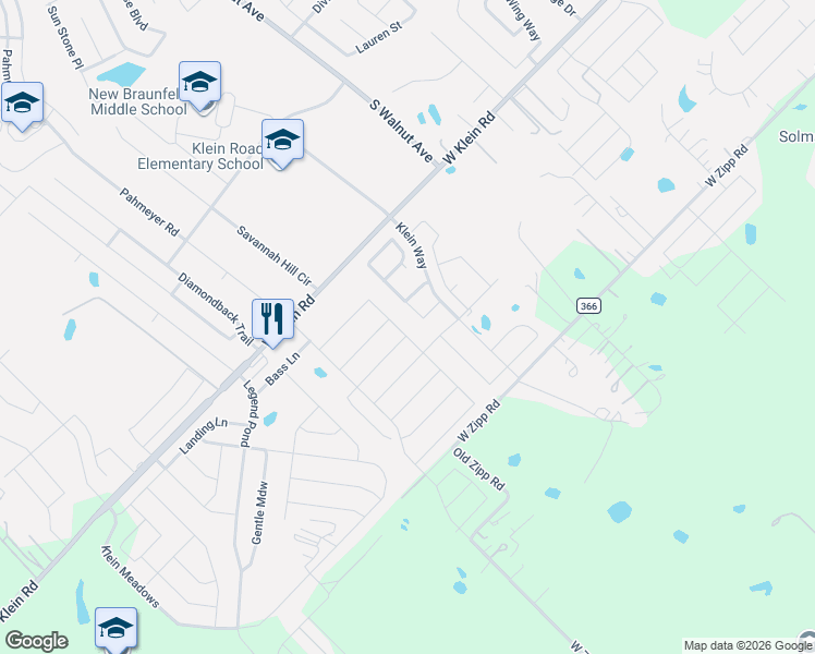 map of restaurants, bars, coffee shops, grocery stores, and more near 2747 Wheatfield Way in New Braunfels
