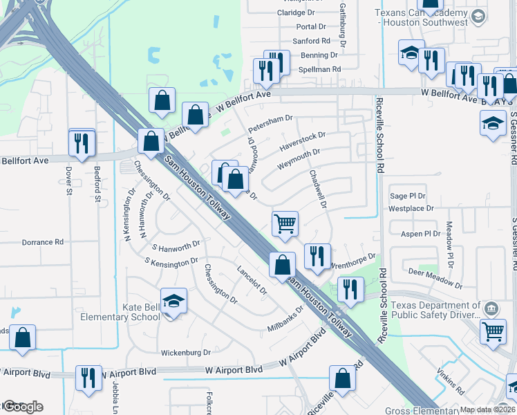 map of restaurants, bars, coffee shops, grocery stores, and more near 12110 Manorgate Drive in Houston