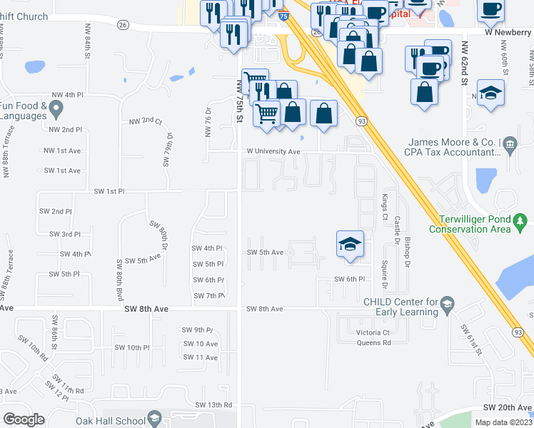 map of restaurants, bars, coffee shops, grocery stores, and more near 205 Southwest 75th Street in Gainesville