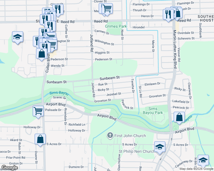 map of restaurants, bars, coffee shops, grocery stores, and more near 5229 Rue Street in Houston