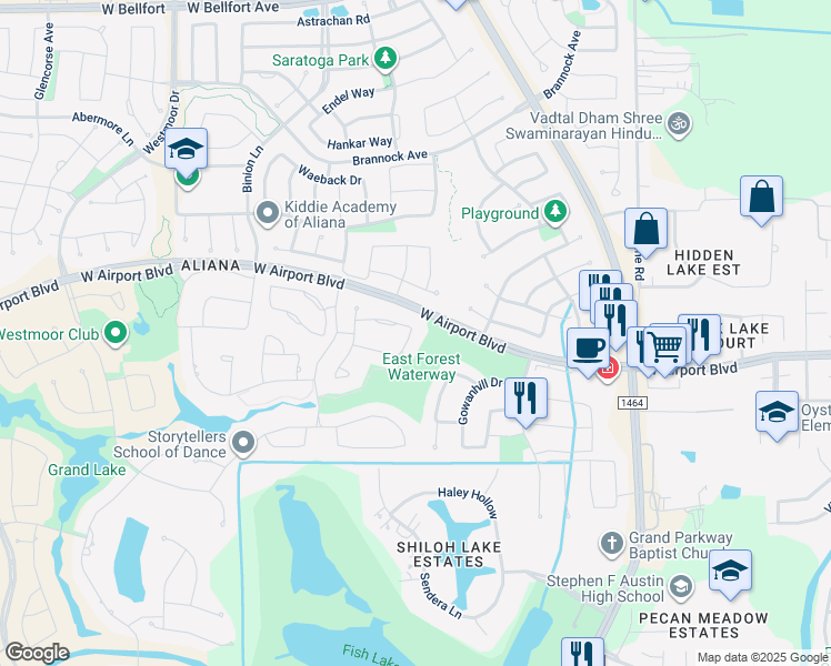 map of restaurants, bars, coffee shops, grocery stores, and more near 17306 Daylamani Drive in Richmond