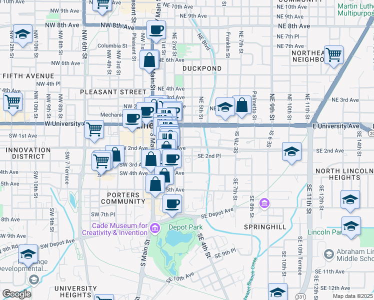 map of restaurants, bars, coffee shops, grocery stores, and more near 401 Southeast 1st Avenue in Gainesville