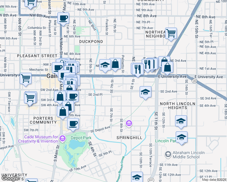 map of restaurants, bars, coffee shops, grocery stores, and more near 110 Southeast 8th Street in Gainesville
