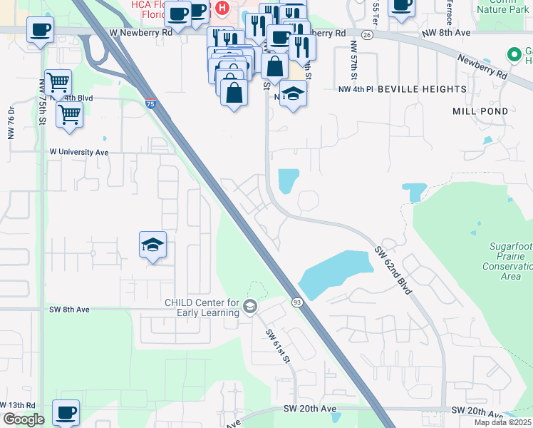 map of restaurants, bars, coffee shops, grocery stores, and more near 304 Southwest 62nd Boulevard in Gainesville