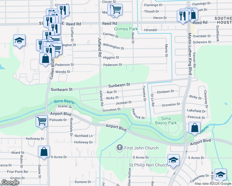 map of restaurants, bars, coffee shops, grocery stores, and more near 5229 Rue Street in Houston